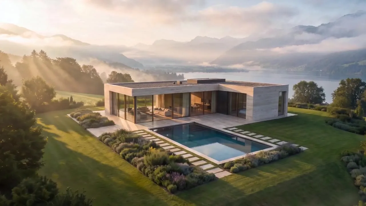Vue aérienne d'une villa d'architecte dans la Broye