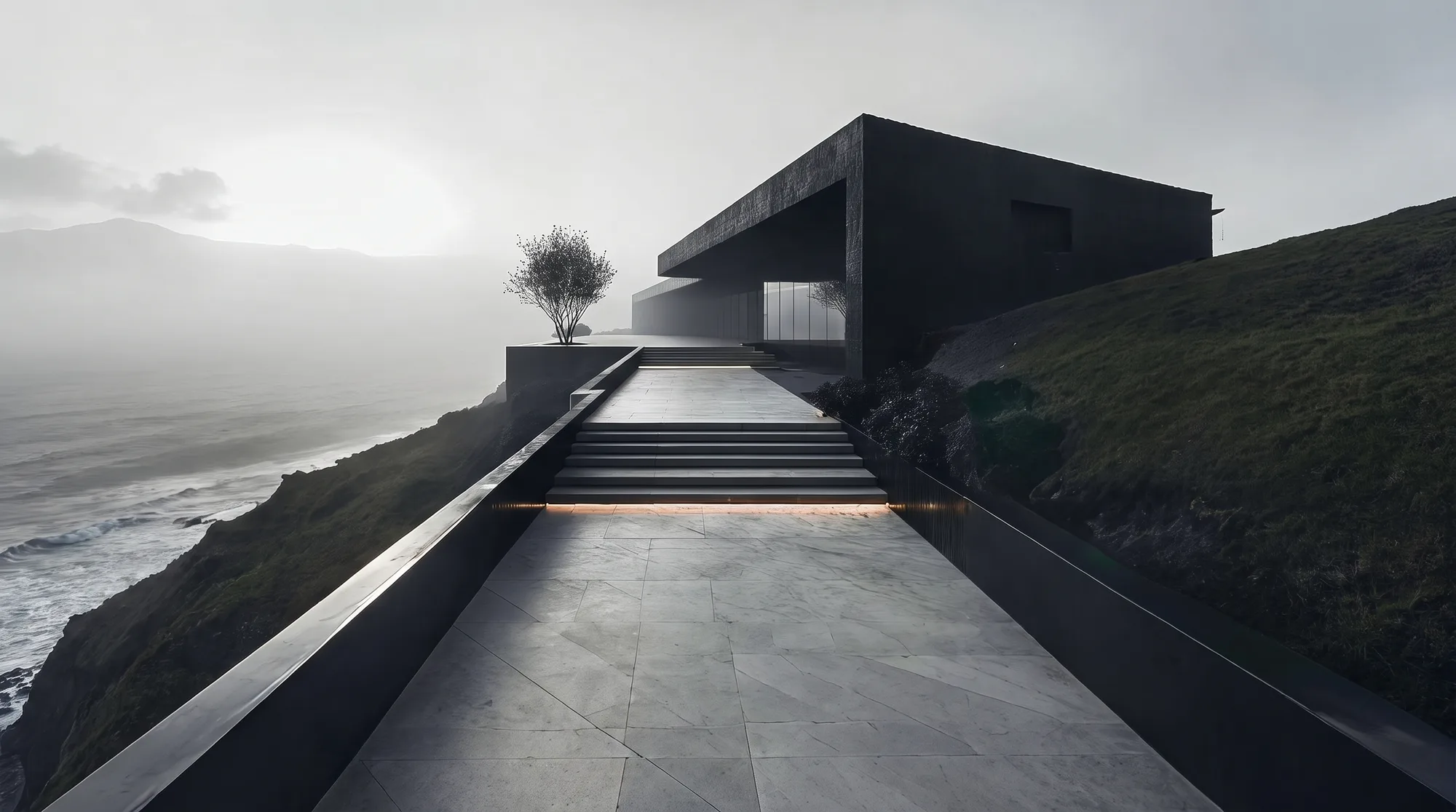 Villa d'architecte isolée sur une falaise dans la brume