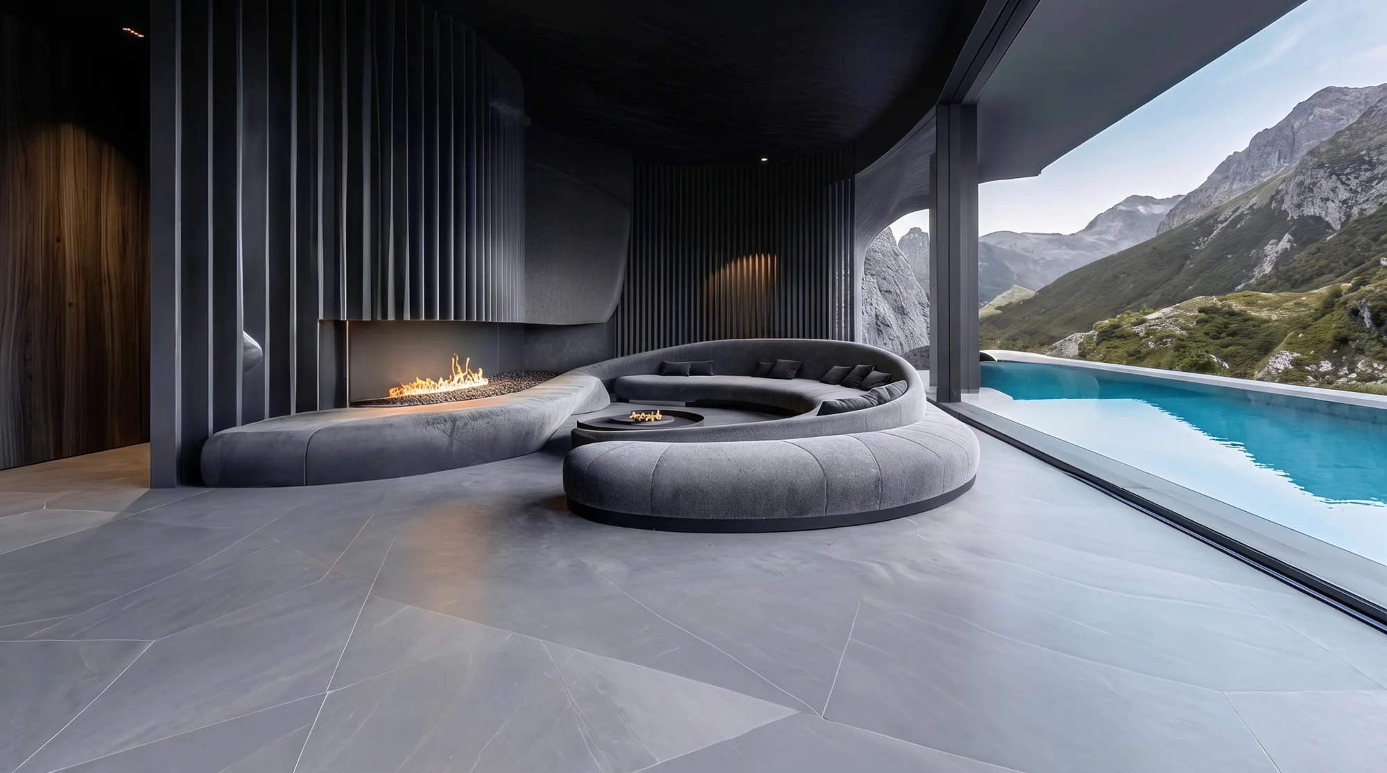 Salon lounge d'une villa d'exception face aux Alpes